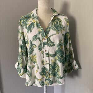 Zara Top Linen blend oversize shirt top Beach Boho Paisley Coastal Women's L